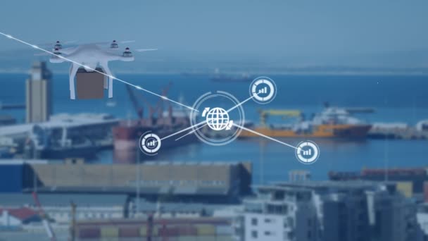 Animación Red Conexiones Sobre Dron Con Parcela Sobre Paisaje Urbano — Vídeo de stock