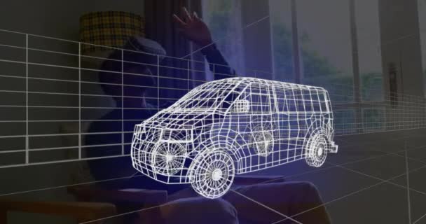 車の3D技術的な図面のアニメーション Vrのヘッドセットを身に着けている自宅で男の上 テクノロジー デザイン デジタルインターフェースの概念がデジタルで生成されたビデオ — ストック動画