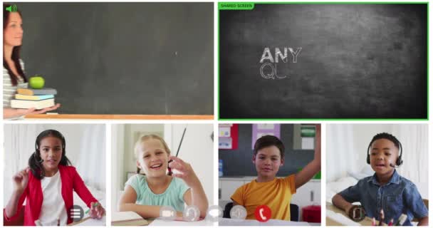 Animatie Van Video Call Screens Van Schoolbord Diverse Leraren Kinderen — Stockvideo