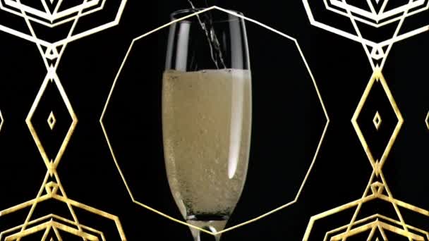 Анимация Золотого Узора Бокалом Шампанского Черном Фоне Празднование Новогодняя Вечеринка — стоковое видео