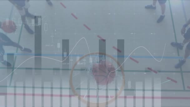 Анимация Обработки Данных Над Баскетболистами Глобальный Спорт Цифровой Интерфейс Технологии — стоковое видео