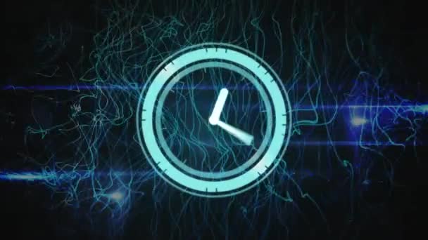Animación Del Reloj Sobre Líneas Azules Sobre Fondo Oscuro Conexiones — Vídeo de stock
