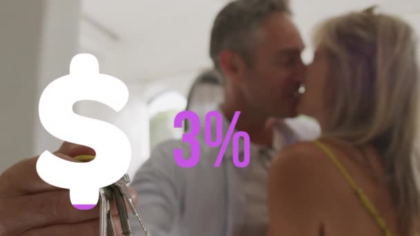 Animación Por Ciento Signo Dólar Púrpura Sobre Feliz Pareja Con — Vídeos de Stock