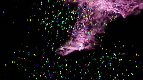 Animatie Van Confetti Vallen Roze Energie Wolk Bewegen Zwarte Achtergrond — Stockvideo