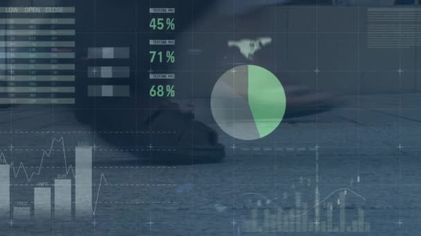 Animation Der Datenverarbeitung Und Statistiken Über Die Stadtstraße Globales Geschäft — Stockvideo