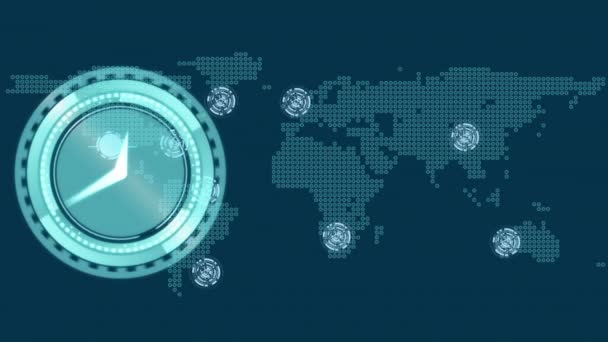 Animation Der Uhr Über Netzwerk Von Verbindungen Und Weltkarte Globale — Stockvideo