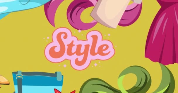 Animation Style Texte Vêtements Sur Fond Jaune Mode Accessoires Fond — Video