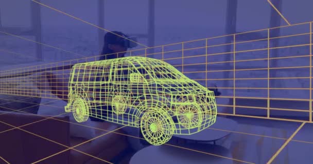 Animação Desenho Técnico Van Sobre Mulher Casa Vestindo Fone Ouvido — Vídeo de Stock