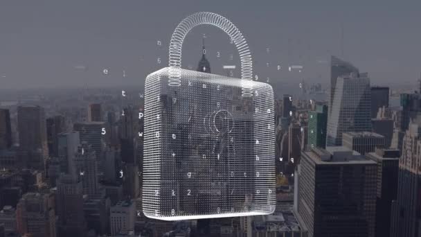 Animación Ciberseguridad Sobre Paisaje Urbano Conexión Global Interfaz Digital Tecnología — Vídeo de stock