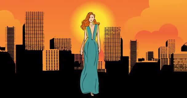 オレンジ色の背景に シチスケープ上のモデルのファッション図面のアニメーション ファッションデザイン ファッションショーや服のコンセプトデジタルアニメーション — ストック動画