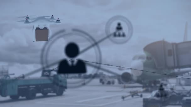 Animation Des Verbindungsnetzes Über Drohne Mit Paket Über Flughafen Globaler — Stockvideo