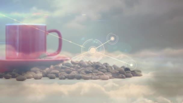 Animation Des Netzwerks Von Verbindungen Bei Einer Tasse Kaffee Globale — Stockvideo