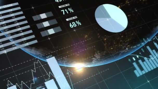 Animation Von Datenverarbeitung Und Statistiken Über Den Globus Globale Verbindungen — Stockvideo