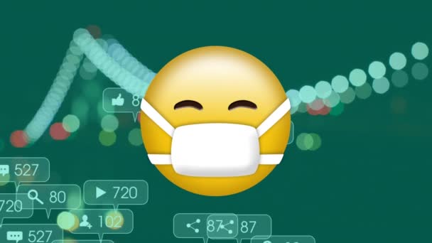 Animation Emoji Ikon Med Ansiktsmask Och Ikoner Sociala Medier Över — Stockvideo
