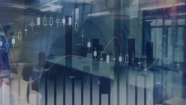 Animace Zpracování Dat Statistiky Nad Prázdnou Kanceláří Globální Obchodní Digitální — Stock video