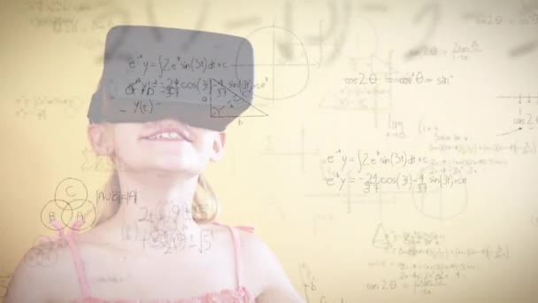 Animáció matematikai képletek felett iskolás gyermek segítségével vr headset. globális online oktatás, digitális felület, technológia és kapcsolatok koncepciója digitálisan generált videó.