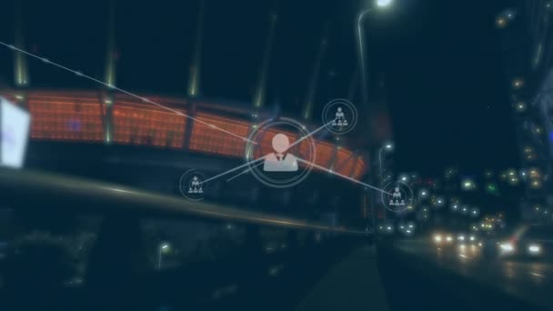 Animasi Jaringan Koneksi Dengan Ikon Atas Pemandangan Kota Koneksi Global — Stok Video