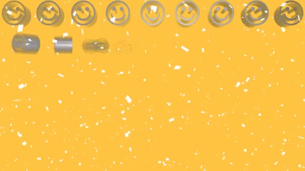 黄色の背景に金属製のスマイリーフェイスの絵文字の行に落ちる白い紙吹雪のアニメーション ソーシャルメディアお祝いイベント通信ネットワークの概念デジタル生成ビデオ — ストック動画