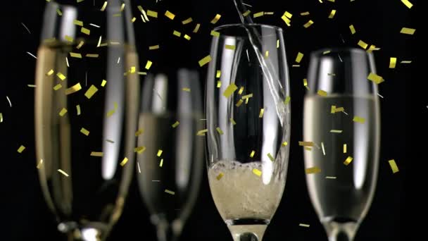 Animatie Van Goud Confetti Vallen Glazen Champagne Zwarte Achtergrond Viering — Stockvideo