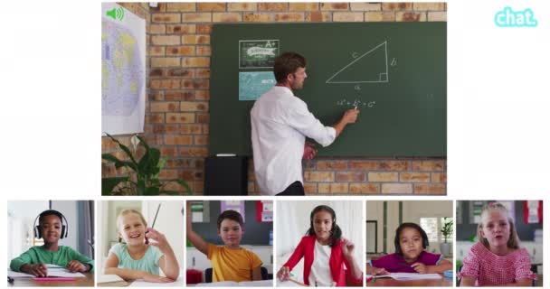 动画化的视频呼叫屏幕的黑板和不同的教师和孩子在网上上课 全球通信技术和在线教育概念 数码视频 — 图库视频影像