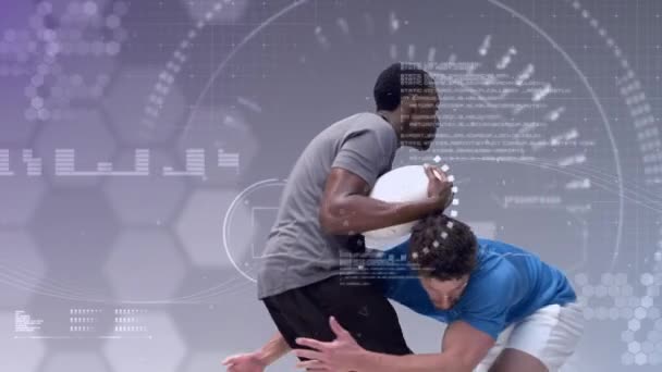 Animation Von Verbindungsnetzen Über Rugbyspieler Globaler Sport Technologie Digitale Schnittstelle — Stockvideo