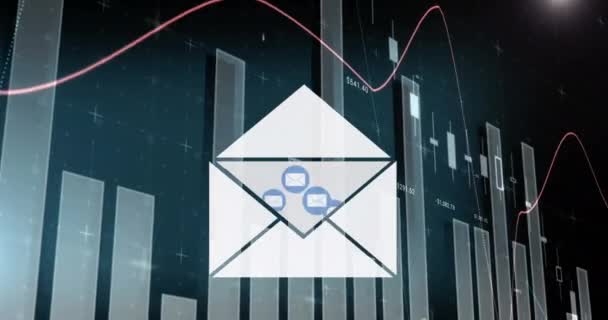 Animación Iconos Correo Con Estadísticas Procesamiento Datos Financieros Medios Sociales — Vídeo de stock