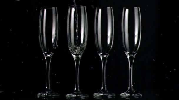 Animatie Van Witte Vlekken Zwevend Glazen Champagne Zwarte Achtergrond Viering — Stockvideo