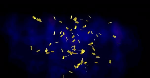 Animatie Van Gouden Confetti Zwevend Blauwe Zwarte Achtergrond Feest Feestconcept — Stockvideo