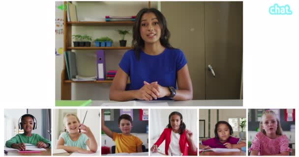 Animatie Van Video Call Screens Van Schoolbord Diverse Leraren Kinderen — Stockvideo