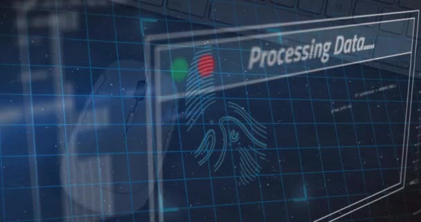 Animação Processamento Dados Tela Sobre Impressão Digital Biométrica Comunicação Global — Vídeo de Stock