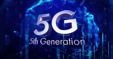 5G 5. nesil metin görüntüsü dönen parlayan dünya üzerinde. küresel ağ bağlantısı ve dijital olarak oluşturulan iletişim konsepti.