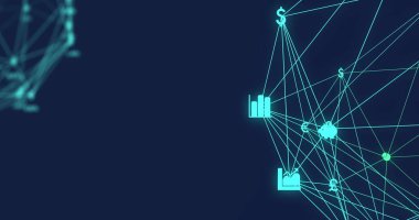 Dijital arayüz görüntüsü ve mavi arkaplandaki finansal ve para birimi simgeleriyle bağlantı ağının küresi. Genel bilgisayar ağı konsepti dijital olarak oluşturulmuş resim.