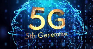5G 5. nesil metin görüntüsü dönen parlayan dünya üzerinde. küresel ağ bağlantısı ve dijital olarak oluşturulan iletişim konsepti.