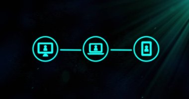 Parlayan yeşil arkaplanda üç yeşil dijital bilgisayar arayüzü simgesi. Küresel bilgisayar ağı ve çevrimiçi güvenlik konsepti dijital olarak oluşturuldu.