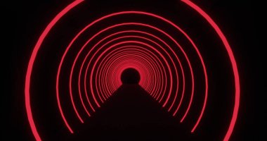 Siyah bir arkaplanda titreşen kırmızı neon yay tünelinde ilerliyoruz. enerji, elektrik, renk ve hareket konsepti, dijital olarak oluşturulmuş görüntü.