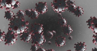 Gri arkaplanda sıvı içinde yüzen makro Coronavirus Covid-19 hücrelerinin görüntüsü. Halk sağlığı salgını Coronavirus Covid 19 salgın konsepti dijital olarak üretildi. 4k