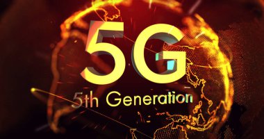 5G 5. nesil metin görüntüsü dönen parlayan dünya üzerinde. küresel ağ bağlantısı ve dijital olarak oluşturulan iletişim konsepti.