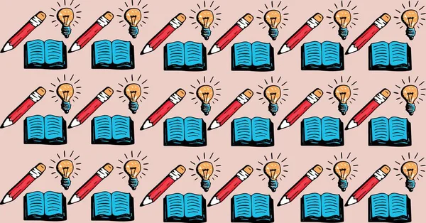 Illustration Rows Notebooks Light Bulbs Pencils Pink Background Education School — Stock Photo, Image