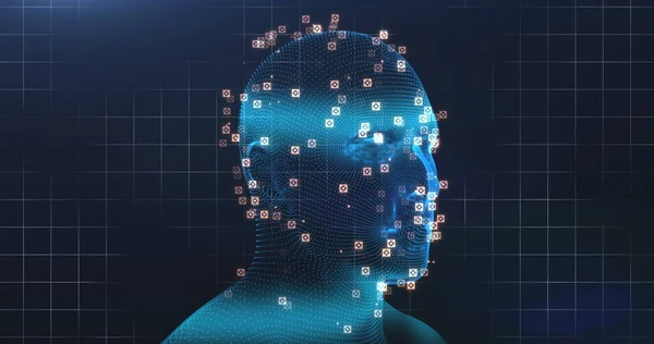 Obraz Niebieskiego Świecącego Ludzkiego Modelu Głowy Siecią Połączeń Przetwarzania Danych — Zdjęcie stockowe