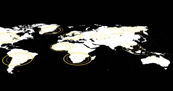 Mapa Del Mundo Blanco Con Círculos Concéntricos Amarillos Radiantes Sobre —  Fotos de Stock