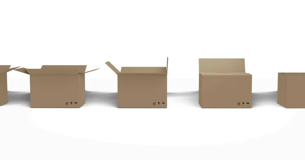 Naadloze Rij Bruine Kartonnen Dozen Met Deksels Witte Achtergrond Verpakking — Stockfoto
