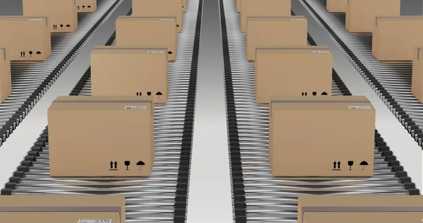 コンベアベルト上を移動する段ボール梱包箱の行 大量輸送の概念やデジタルで生成された画像 — ストック写真