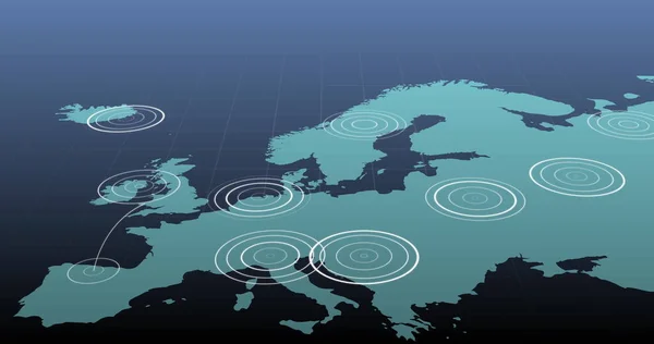 Blå Karta Över Europa Med Strålande Vita Koncentriska Cirklar Spridda — Stockfoto