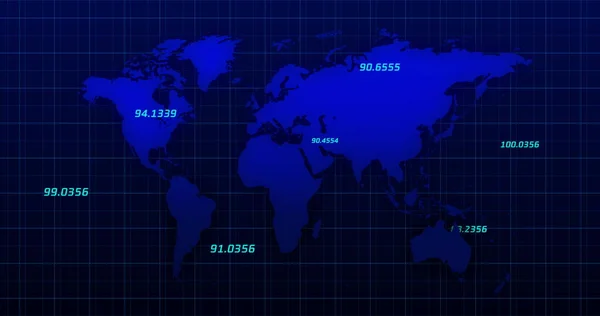 Image Blue World Map Blue Numbers Rising Going Black Background — Stock Photo, Image