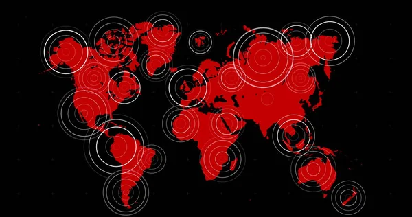 Red World Map Radiating White Concentric Circles Territories Blue Background — Stock Photo, Image