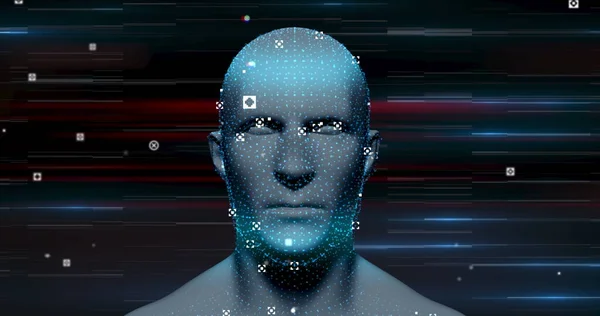 三维蓝光人头模型的图像 在发光背景下具有连接网络和数据处理功能 全球医学科学研究概念数字生成的图像 — 图库照片