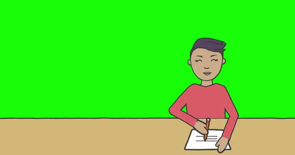 Obraz Ilustracji Ucznia Siedzącego Przy Biurku Piszącego Zielonym Tle Ekranu — Zdjęcie stockowe