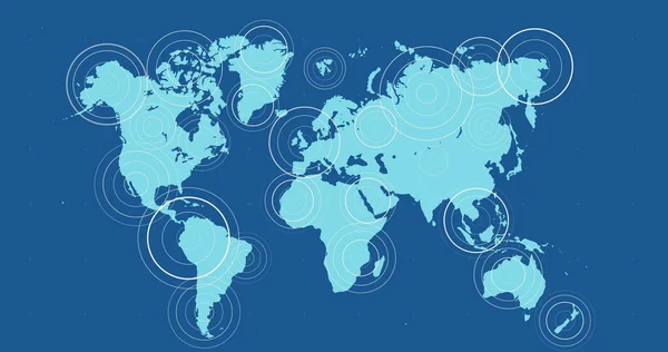 Mapa Mundial Azul Con Círculos Concéntricos Blancos Radiantes Sobre Territorios —  Fotos de Stock