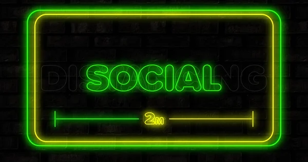 Wizerunek Neonowych Żółtych Zielonych Słów Dystansowanie Społeczne Żółtych Zielonych Ramkach — Zdjęcie stockowe
