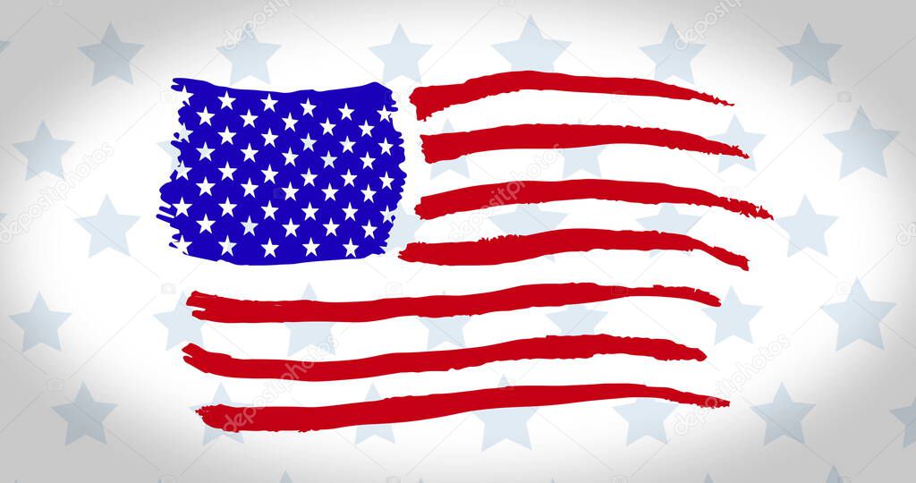 Image of hand drawn American flag waving in seamless loop in repetitive motion on rows of pale blue stars on white background. United States of America presidential election democracy concept digitally generated image.